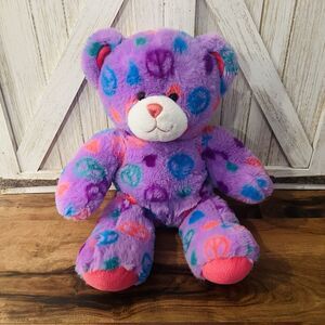 Build A Bear Peace Sign Teddy Bear 15” Plush Purple Stuffed Animal Love Hearts